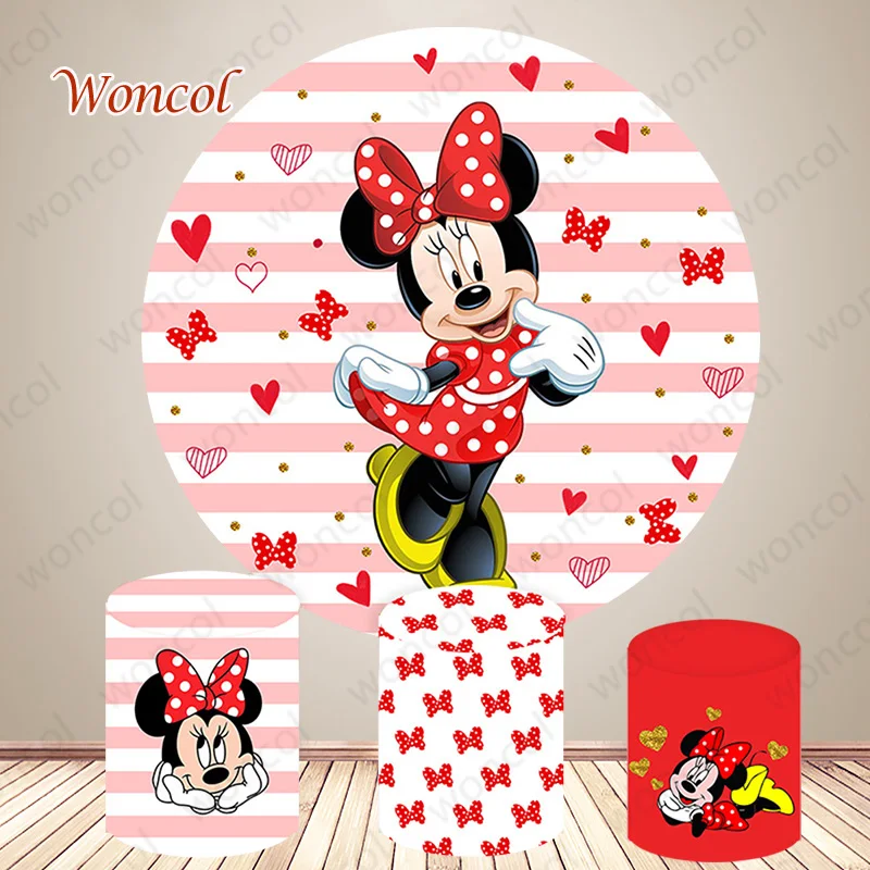 Minnie Mouse Circle Backdrop Girls Birthday Baby Shower Backdrop Bow Tie Love Heart Minnie Mouse Cylinder Cover Photography Prop