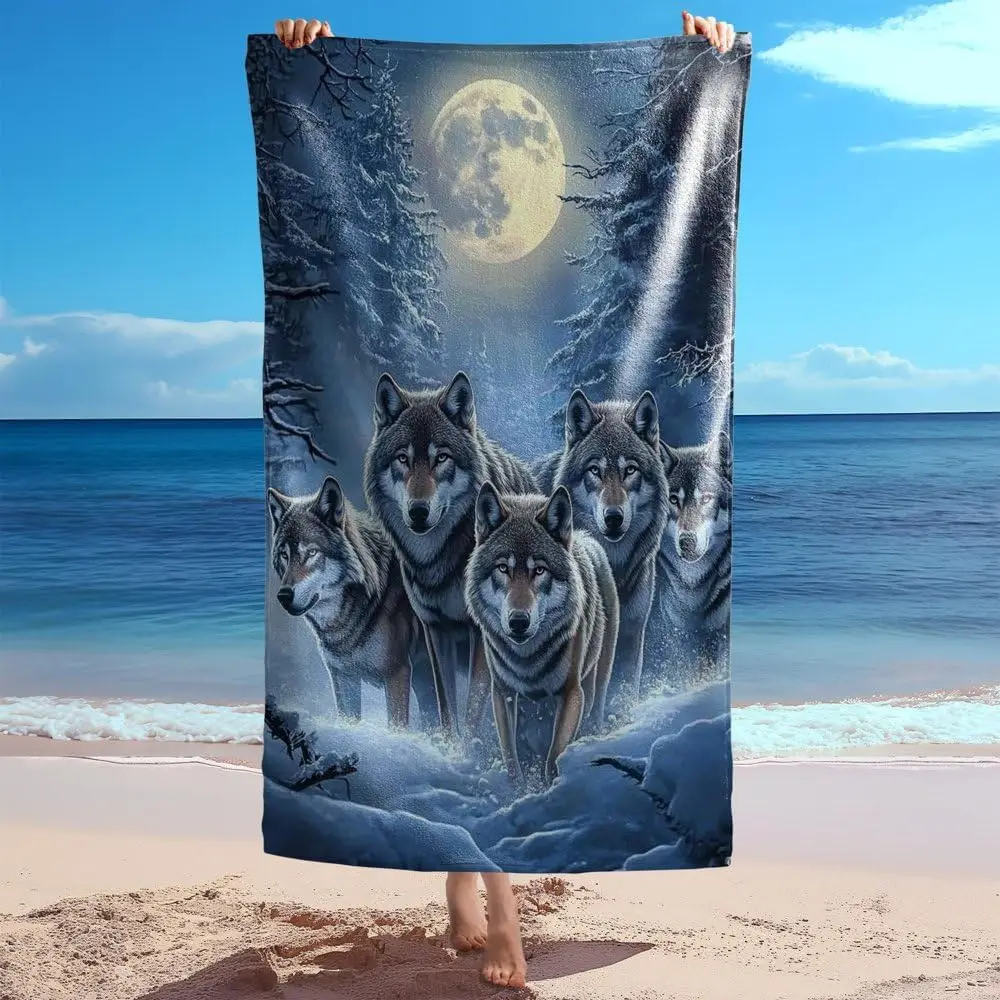 Toalla de playa Wolf Pack Moonlit Forest, manta de baño de microfibra suave para piscina, spa, viajes de verano, regalo, decoración artística con estampado de animales