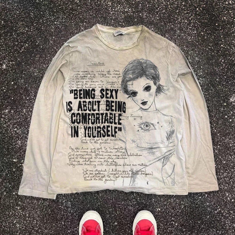 

Винтажная футболка с длинным рукавом в стиле Dark Culture, с эффектом потертости, для молодежи, повседневная, из хлопка и полиэстера, с круглым вырезом, без особых функций