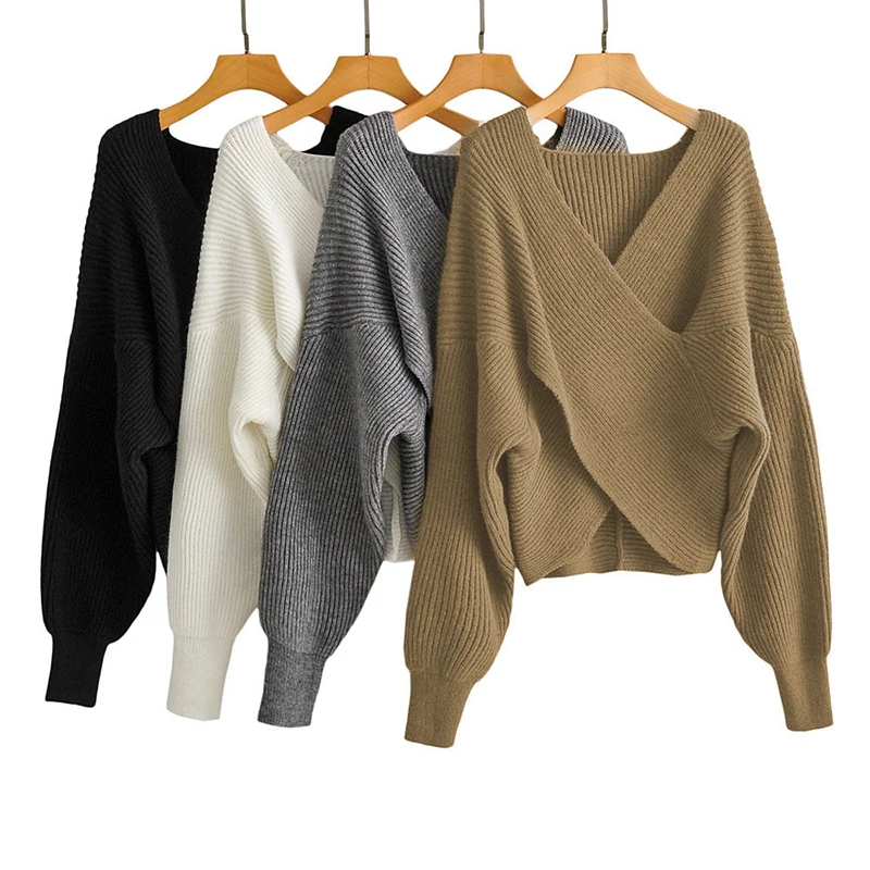 Women Winter Cross V-Neck Sweater Casual New Loose Long Sleeved Knit Pullovers Elegant Sweater TRAF Fall Warm Solid Sweater Tops