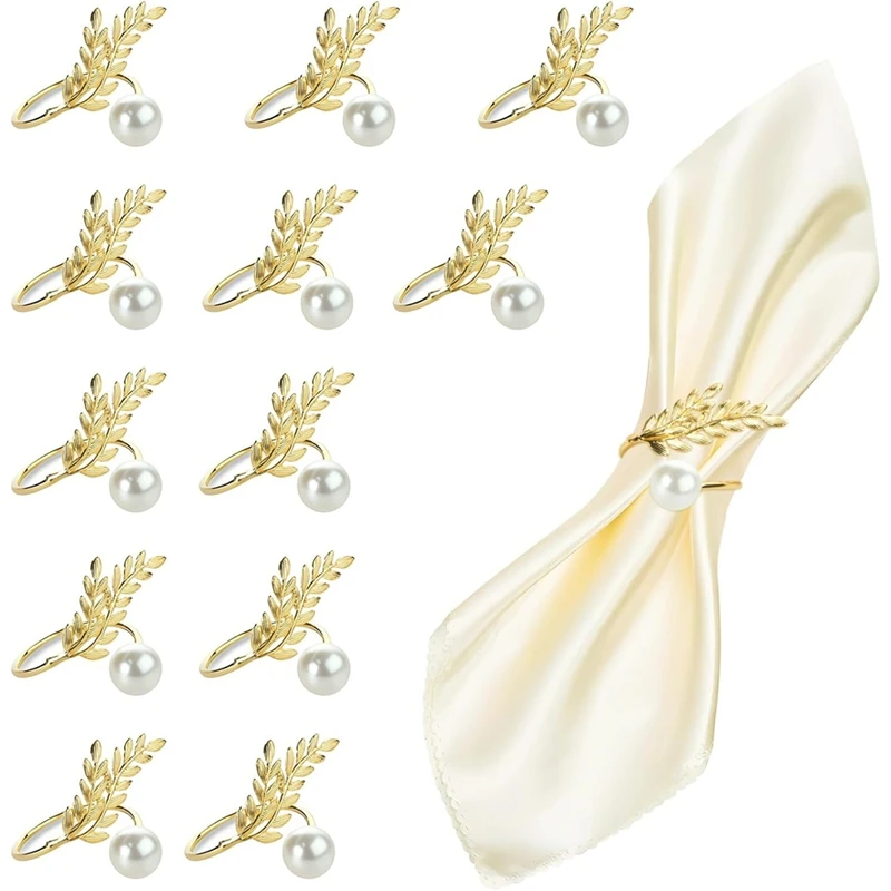 Gold Napkin Rings, Metal Wheat Ear Pearl Shaped Napkin Rings Set of 12, for Family Dinner, Wedding, Party Retail