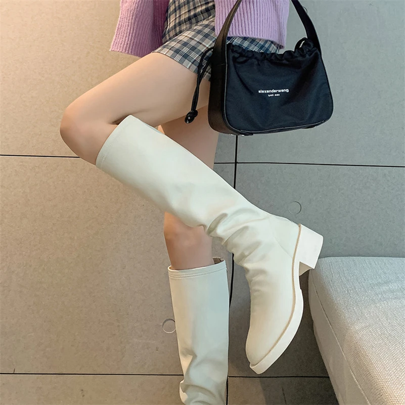 Meotina Women Genuine Leather Knee High Riding Boots Round Toe Block Mid Heel Zipper Lady Pleated Long Boot Autumn Winter Shoes