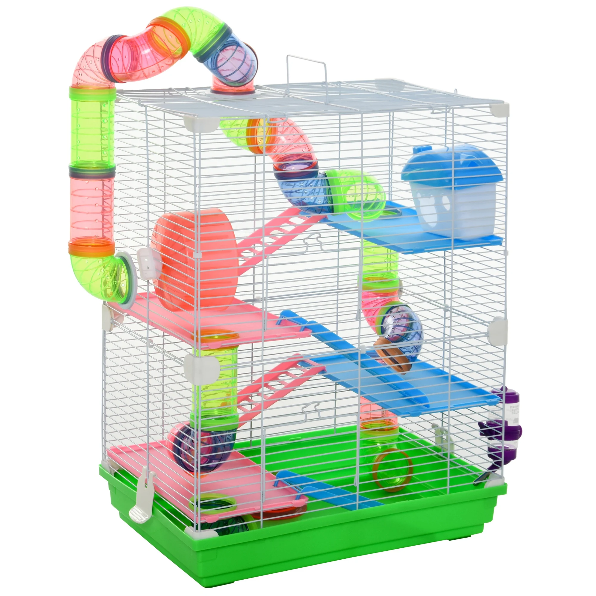 Pawhut Hamsterkooi met Tunnel, Platformen, Drinkbak, Huis, Hellingen en Loopwiel 46x30x58 cm