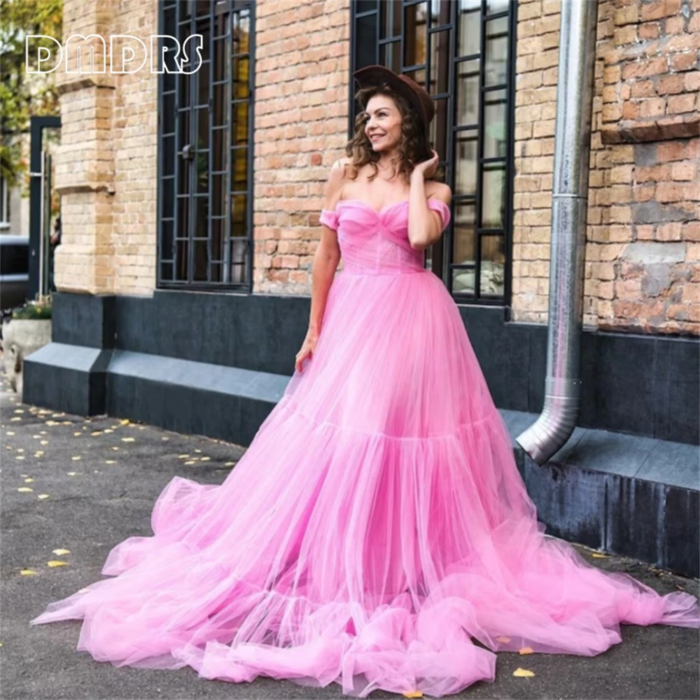 Sweet Hot Pink Tulle Formal Dress For Women Off Shoulder Sweetheart Maxi Long Evening Dress Photo Shoot Women's Party Gown