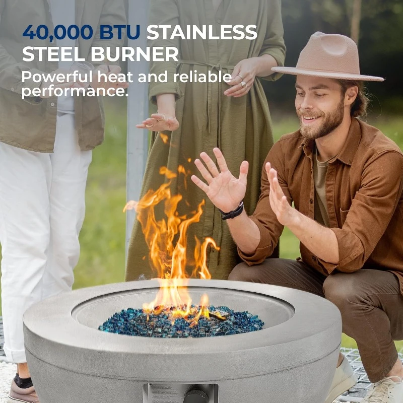 Propane Fire Pit Table, Round Gas Fire Table with Adjustable Flame Height, Weather Resistant, Blue Glass Rocks