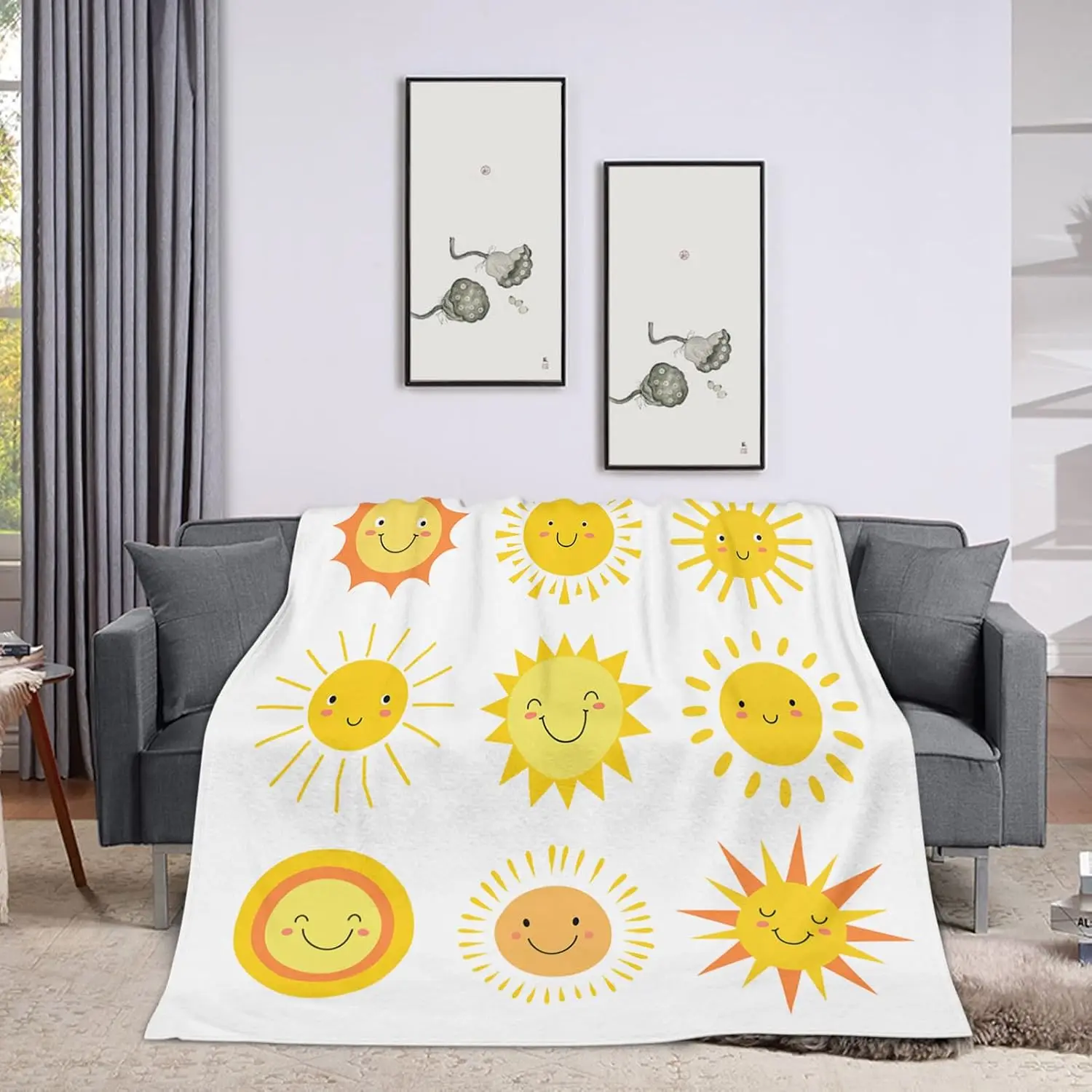 White Base Multi Style Cartoon Smiling Sun Print Flannel Throw Blanket, Soft Warm Sofa Cover, Lovely Decor Gift For Kids Bedroom