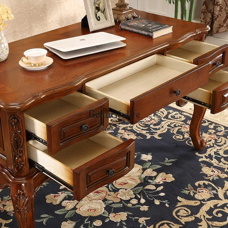 LXالخشب الصلب مكتب الكمبيوتر المنزلي الرجعية مكتب الكتابة القديمة النمط الأوروبي طاولة الدراسة SSS