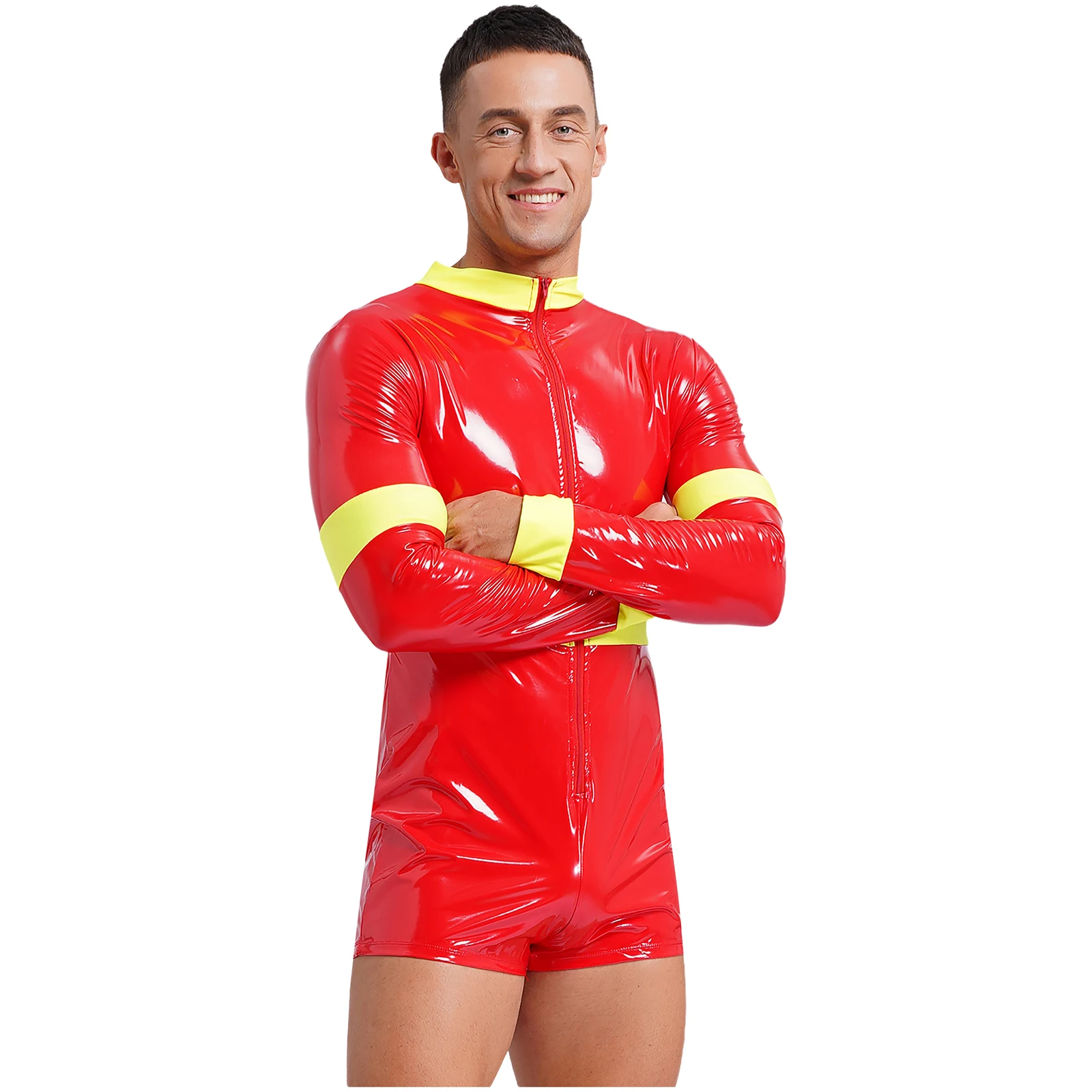 Mens Sexy Firefighter Costume Wet Look Leather Long Sleeve Bodysuits Shorts Rompers Fireman Cosplay Uniforms Outfits Clubwear