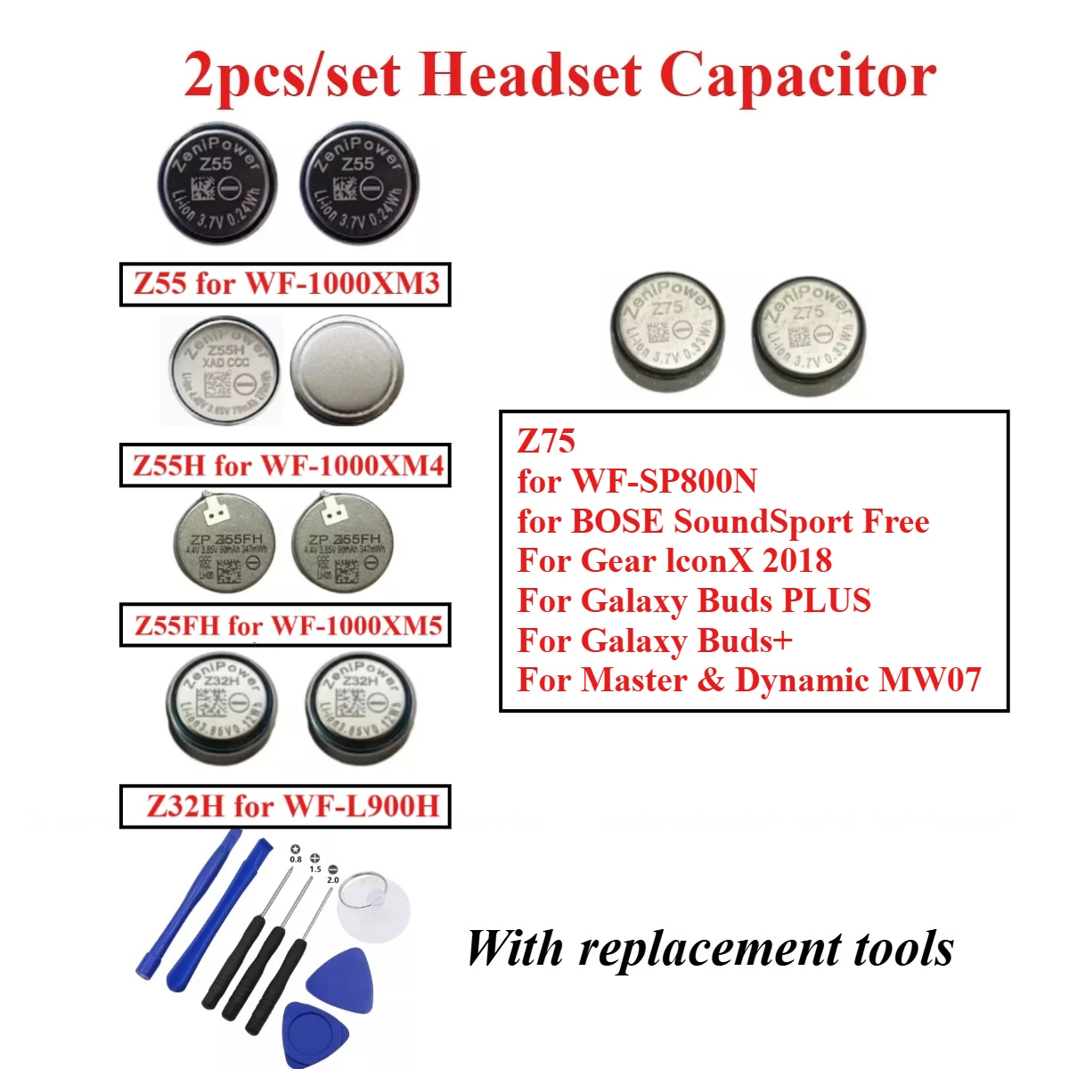 2pcs Battery Z55H Z55 Z55FH Z32H Z75 for WF-1000XM3 WF-1000XM4 WF-1000XM5 WF-L900H Soundsport Free Gear IconX 2018 Galaxy Buds+