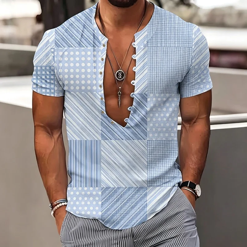 Men's summer new style plaid patchwork personalized print Henry collar short sleeved loose vacation casual men's clothing XS-6XL