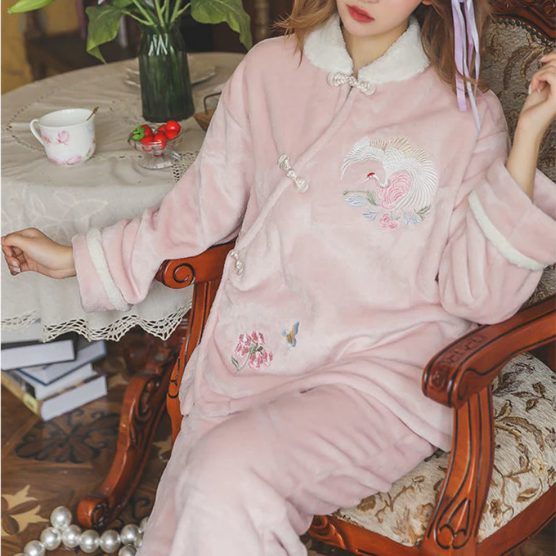 Chinese Style Coral Fleece Pajamas Sets Women Winter Embroidery Homewear Sleepwear Fluffy Plush Warm Cute Pijama Long Nightgown