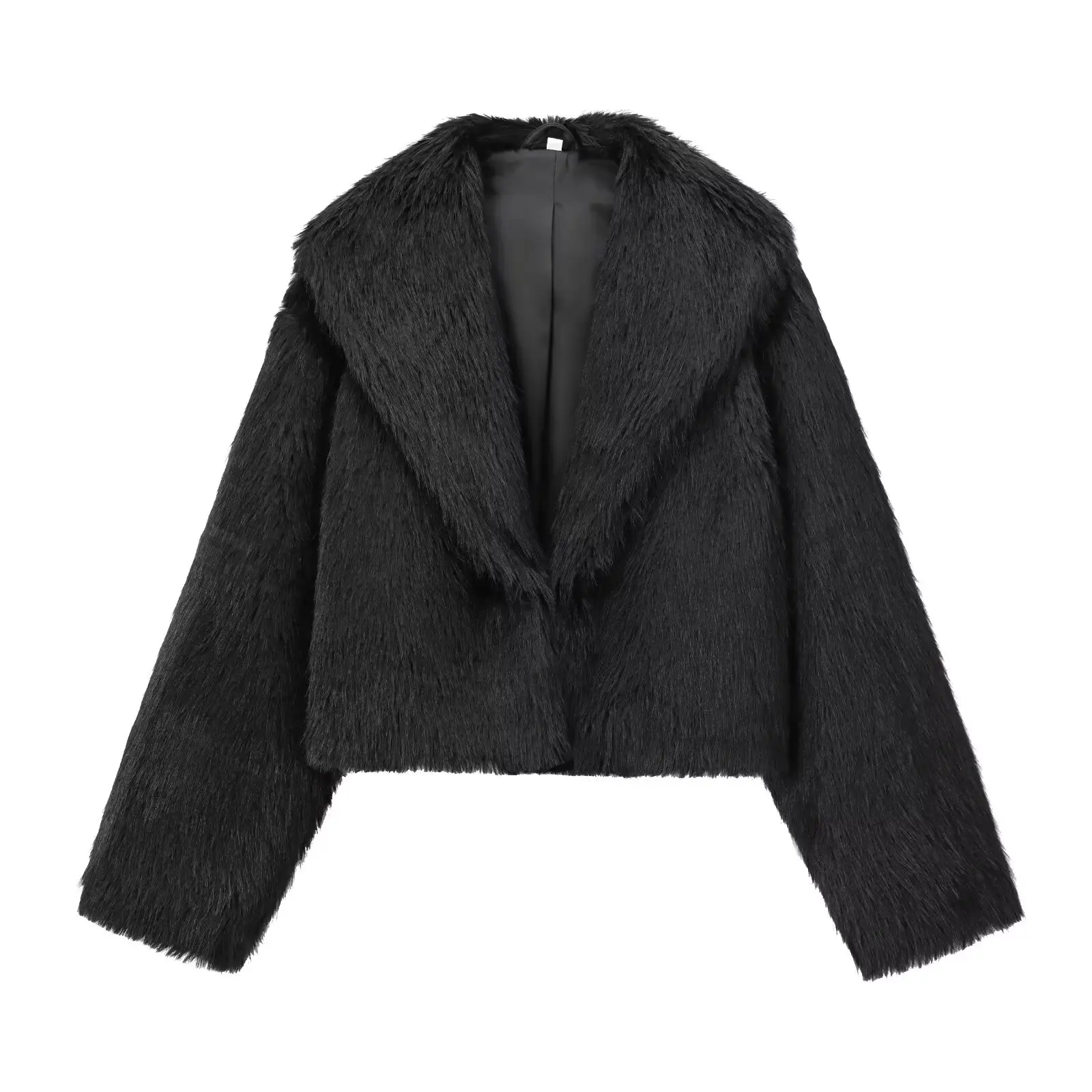 Maxdutti Minimalist Faux Fur Lapel Jacket Gold Wire Long Hair Black Winter Coat Women