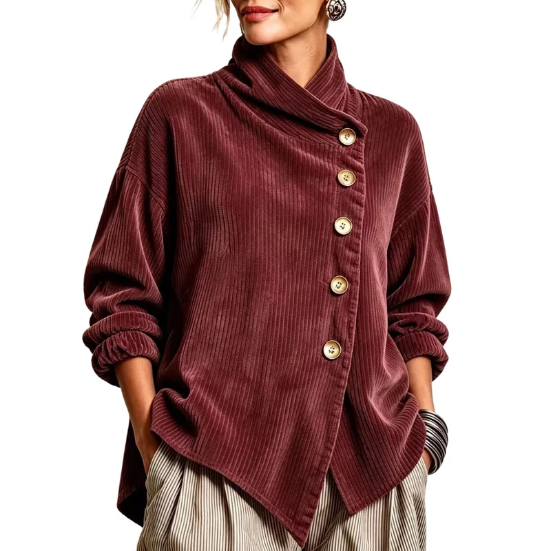 Corduroy Jacket for Women Wrap Cowl Neck Long Sleeve Loose Coat Diagonal Button Irregular Hem Fall Winter Fashion Corduroy Top