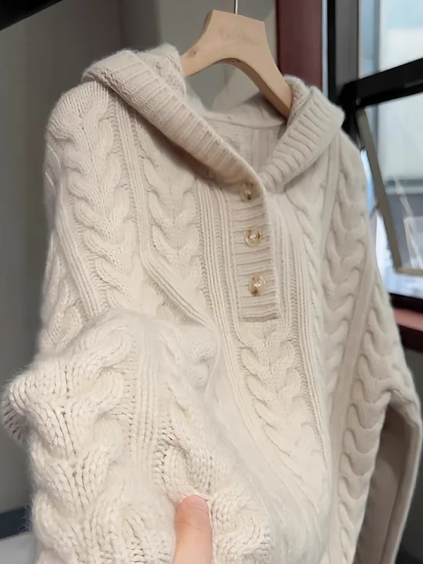 เสื้อสเวตเตอร์ถักไหมพรมสีขาวมีฮู้ด แขนยาว สำหรับผู้หญิง สวมใส่สบาย ลายบิดเกลียว ดีไซน์ดอกไม้ สำหรับฤดูหนาว สไตล์เกาหลี นุ่มละมุน สไตล์เกาหลี...