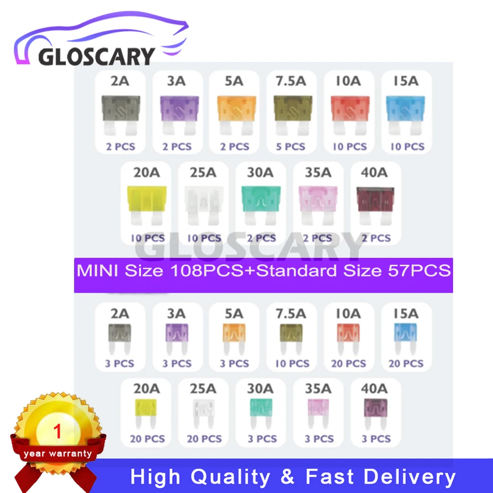 

165 шт. автомобильный мини- и стандартный комплект предохранителей с лезвием 2A-40A, смешанный комплект с чехлом для хранения и съемником предохранителей для легковых автомобилей, грузовиков, внедорожников, 12 В-32 В