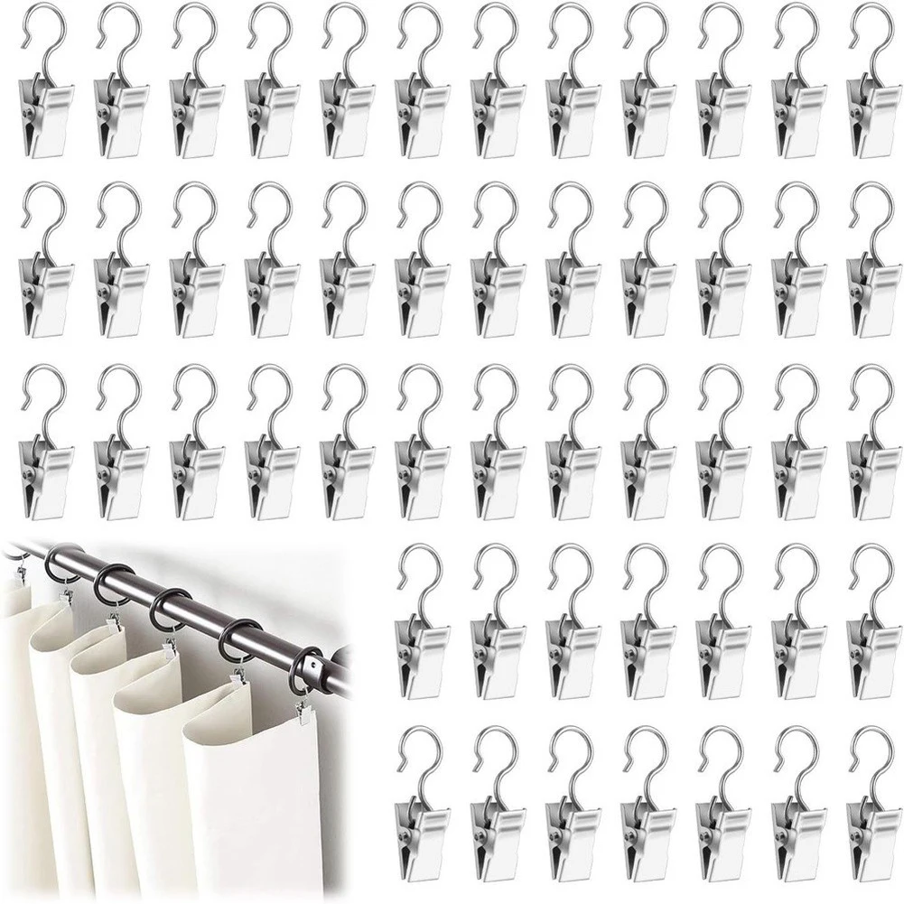 50PCS 360° Rotating Window Curtain Metal Steel Hook Clips Silver Shower Curtain-Alligator Clips Anti Slip Small Clip