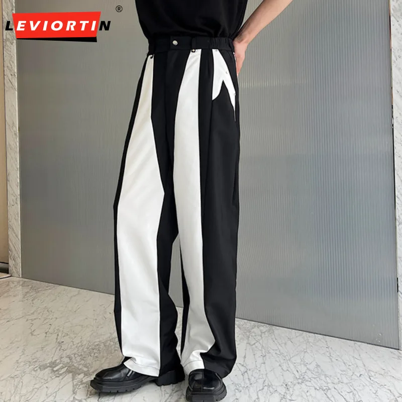 Men Casual Straight Pants Patchwork Metal Rivet Joggers Streetwear Autumn Trend Male Trousers Baggy Personality Long Pants