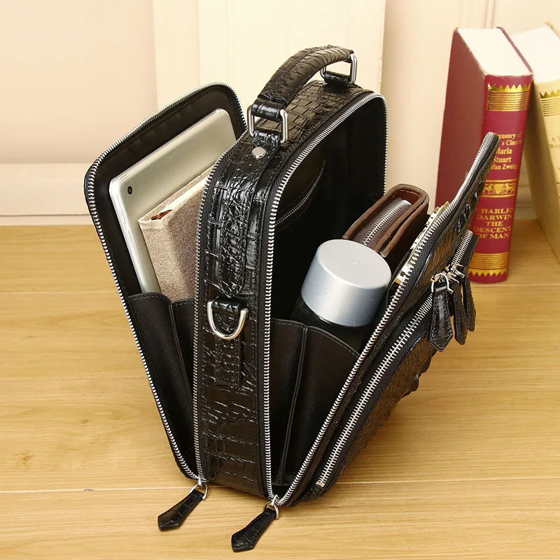 Maletín de cuero genuino con patrón de cocodrilo para hombre, bolso de negocios de gran capacidad, bolso de mensajero de hombro a la moda