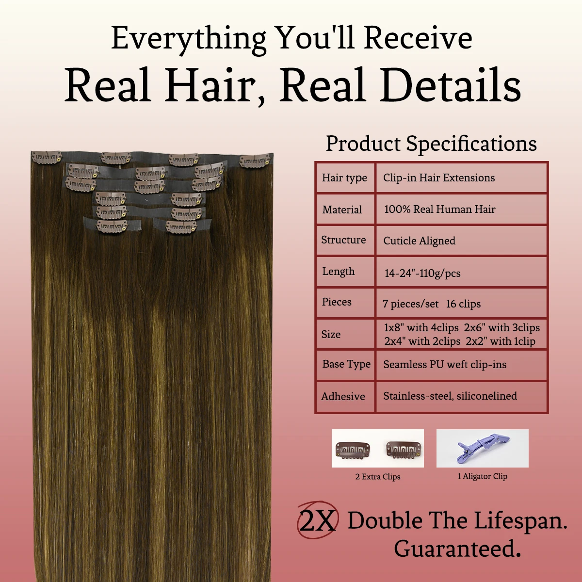 LOVELINE مزدوجة تعادل Balayage مستقيم سلس كليب في وصلات الشعر البشري غير مرئية بولي Clip-Ins لينة رقيقة لحمة شعر ريمي #4