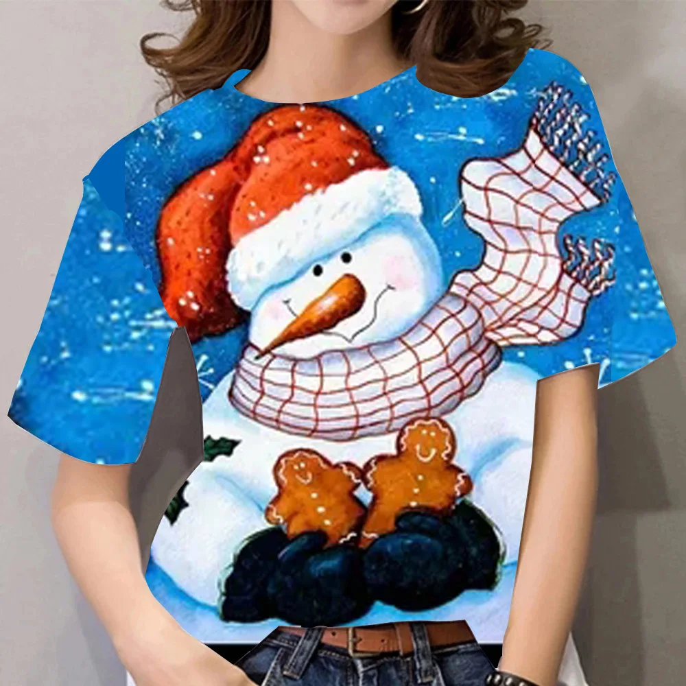 

3D Print Christmas Snowman T-Shirts For Women Fashion Creative Casual Festival Clothes Oversize Round Neck Short Sleeve Pullover
