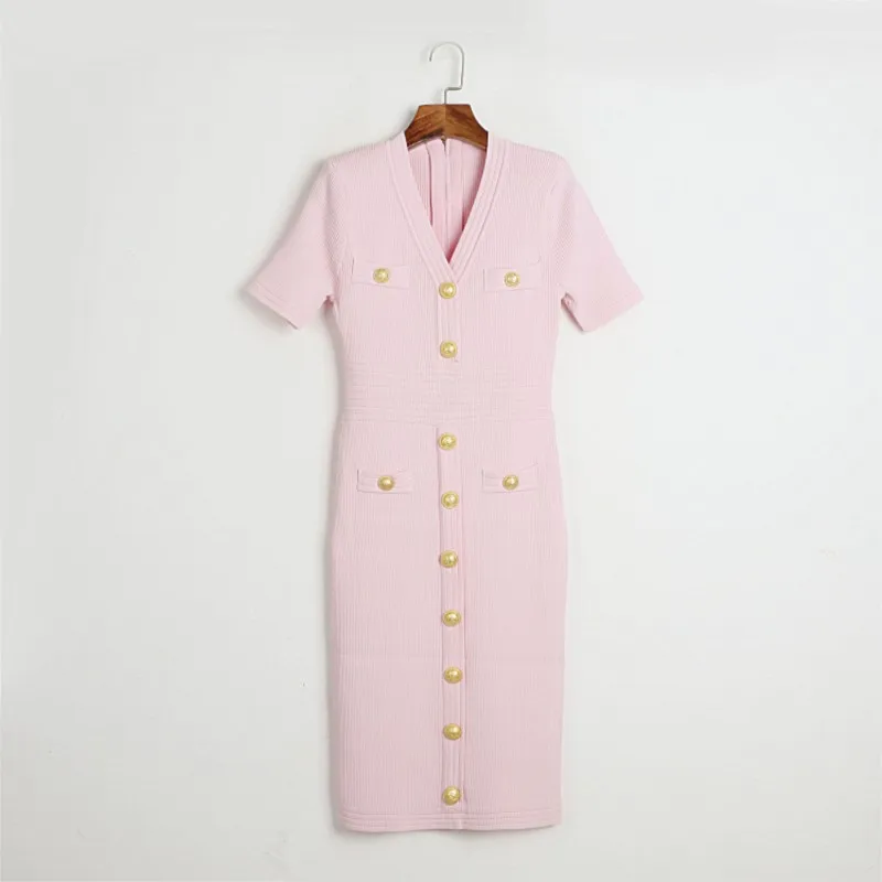 Gonna lunga in maglia a maniche corte 2025 Nuovo monopetto in metallo Elegante abito primavera estate Cerniera scollo a V Fahsion Abiti da donna