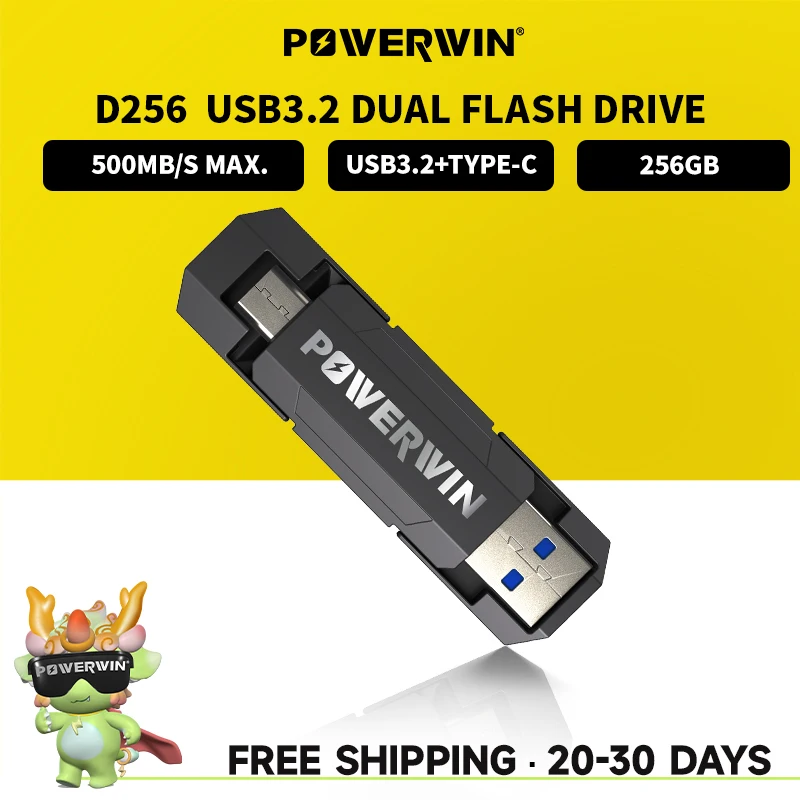 POWERWIN D256 256GB USB 450MB/s 2-in-1 Dual Flash Drive Type C+ USB A 3.2 Gen1 for iPhone 15, Android, Tablet, Windows, MacOS