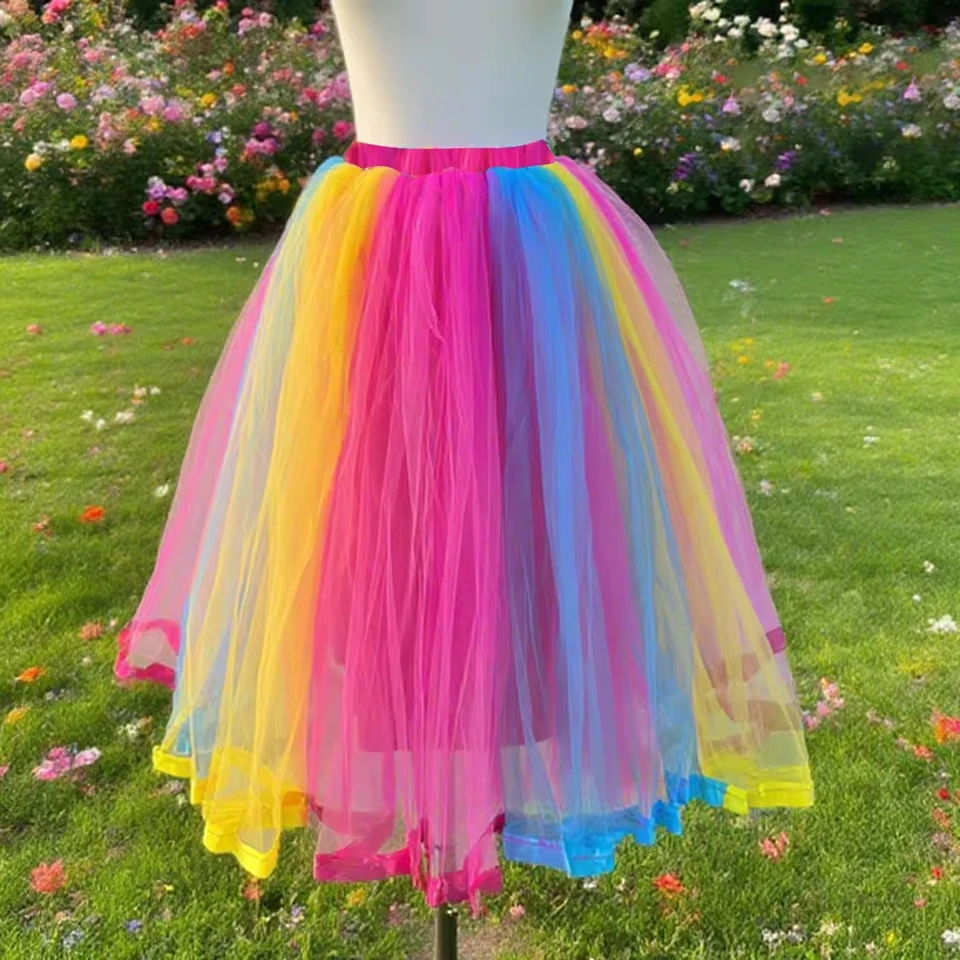 Women Skirt Tutu Skirt Asymmetrical Long Colourful Multilayer Ballet Underskirt Woman Korean Elastic Waist Midi Skirt