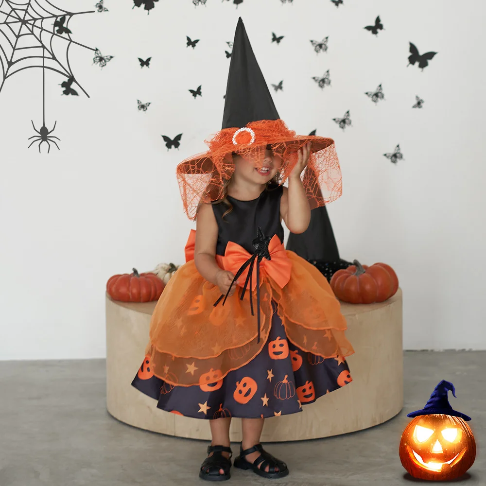 Vestido de princesa de calabaza para niña, disfraz de Halloween, fiesta, juego de bruja pequeña, actividad de jardín de infantes, rendimiento, nuevo