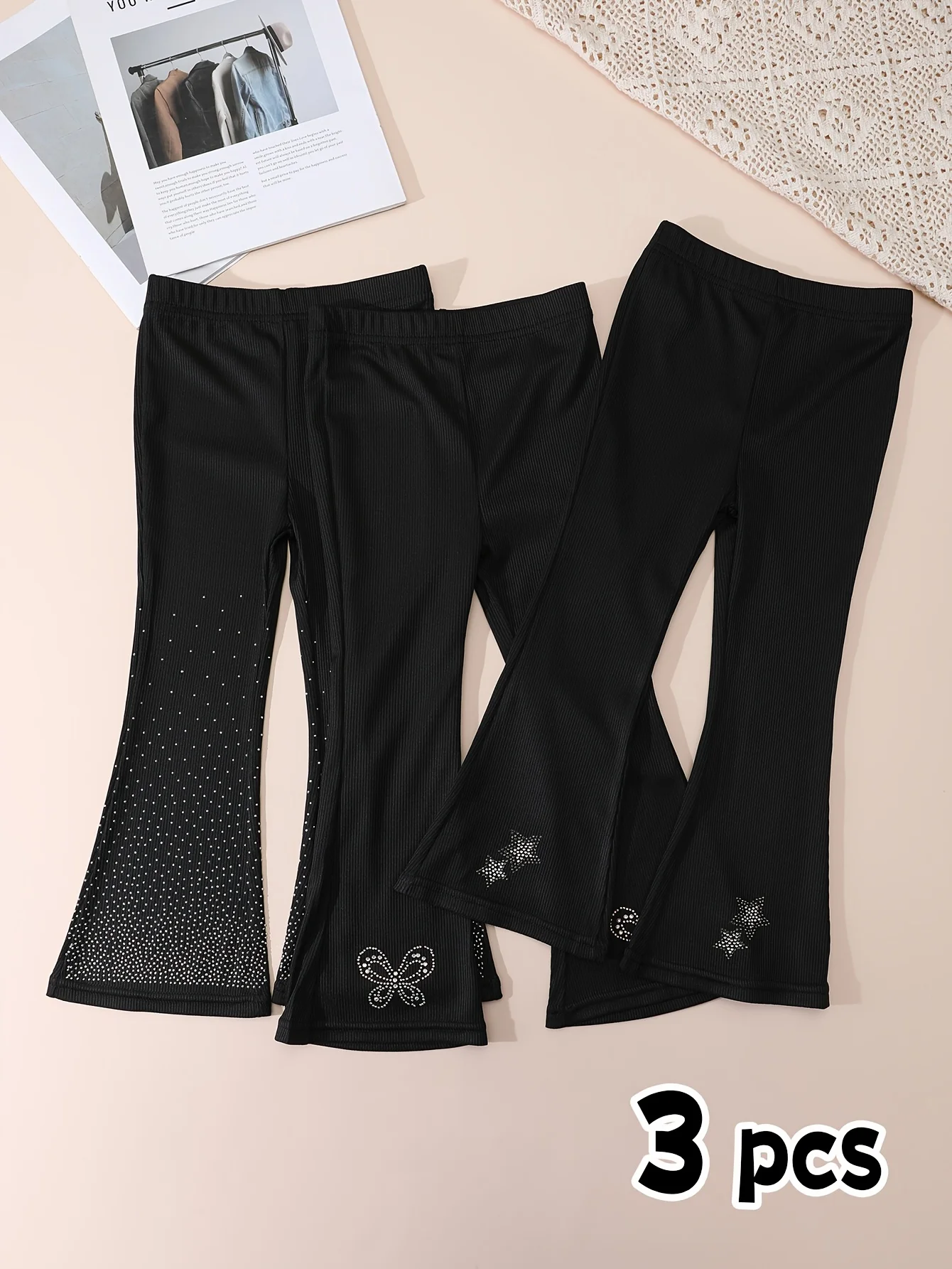 1/3-teilige Mädchen-Hose mit glitzernden Strass-Details, 2–11 Jahre, elastische Taille, Schlaghose, Polyester, Spandex, lässige lange Hose – Detail 2