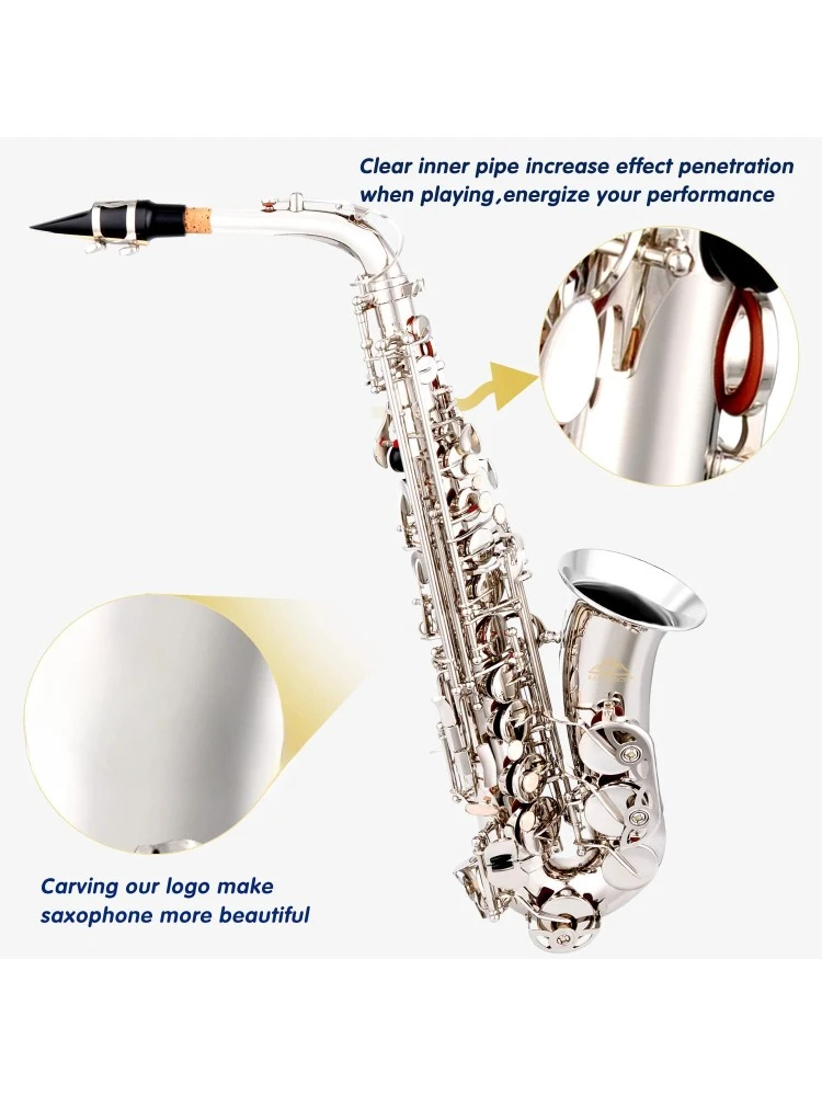 Alto Saxophone Nickel E Flat Sax Full Kit for Students Beginner with Carrying Case,Mouthpiece,Mouthpiece Cushion Pads,Cleaning