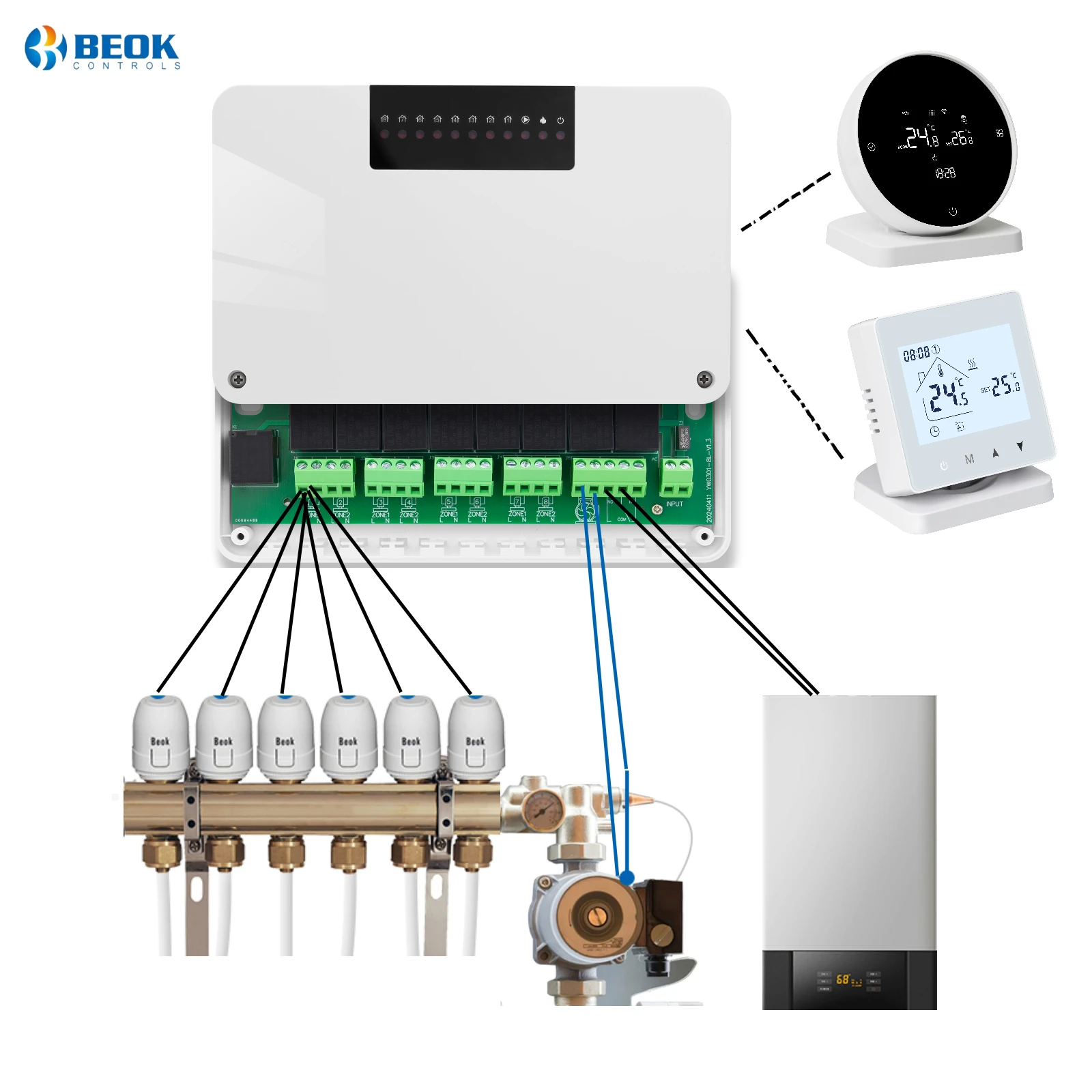 BeokwirelessThermostatControllerHeatingWifiSmartHome8-ChannelHeatingSystemforGasBoilerWaterFloorActuator