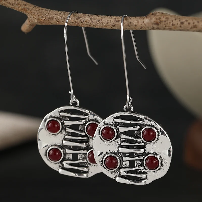 Retro Geometric Distressed Texture Design Earrings  Artistic Niche Gothic Style Silver Plated Dangle Earrings Women's Jewelry