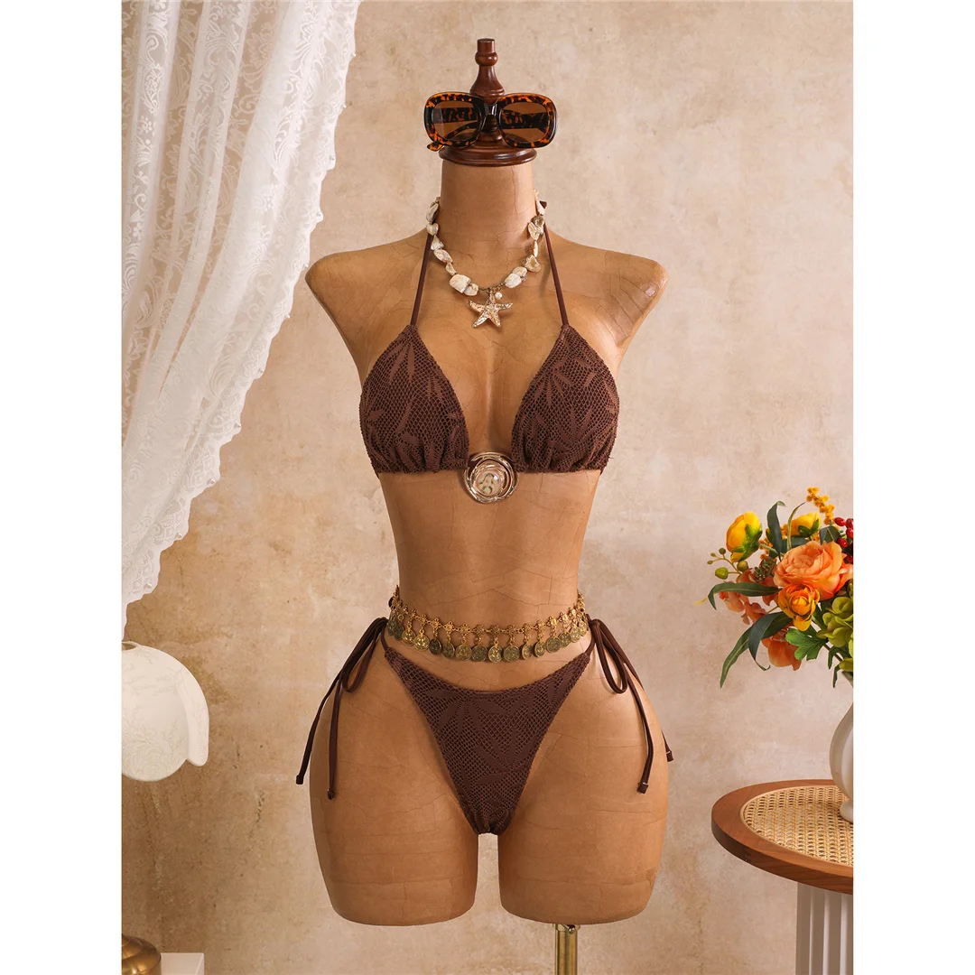 Mit Sarong-Blättern bedruckter Neckholder-Bikini, Damen-Badeanzug, dreiteiliges Bikini-Set, Badebekleidung, Badeanzug, Schwimmanzug V8367 – Detail 23