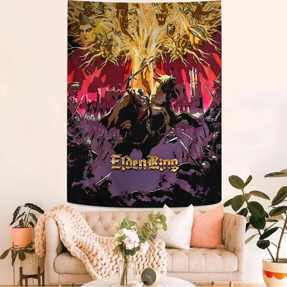 E-Elden R-Ring Game Anime Tapestry Hippie Flower Wall Carpets Dorm Decor Cheap Hippie Wall Hanging