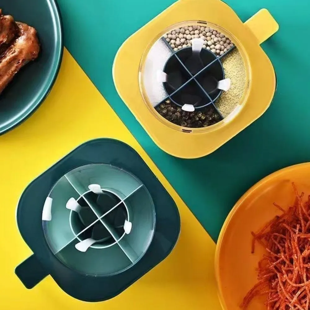 

Push-type 4-In-1 Seasoning Box 4 Grids Color Blocking Multi Compartment Spice Box Leak-proof with Spoon Lid