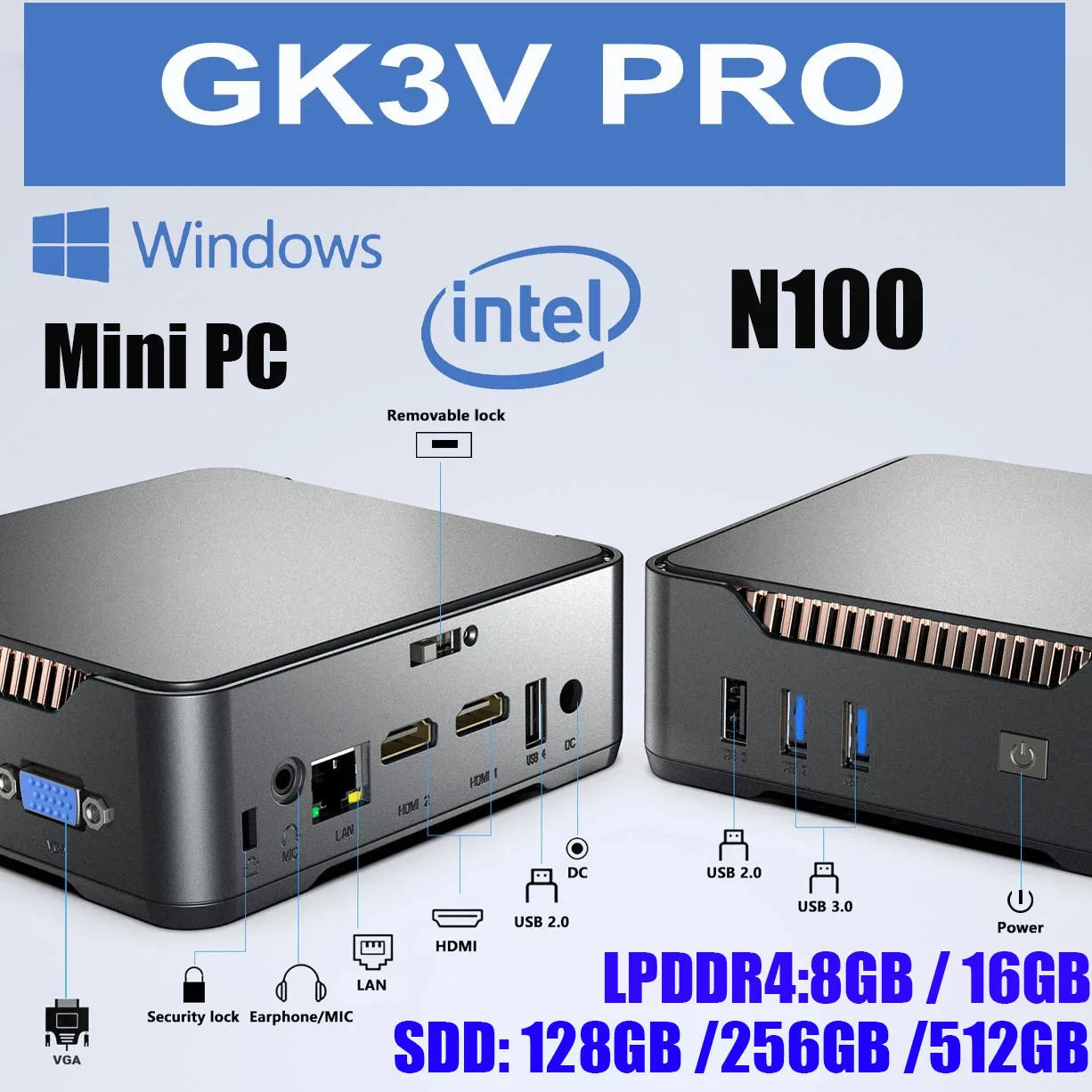 GK3V PRO 인텔 N100 미니 PC 윈도우 쿼드 코어 컴퓨터, 8G LPDDR4, 128G, 256GB, 512G, 듀얼 밴드 와이파이, 블루투스 HDMI, VGA 데스크탑 HTPC