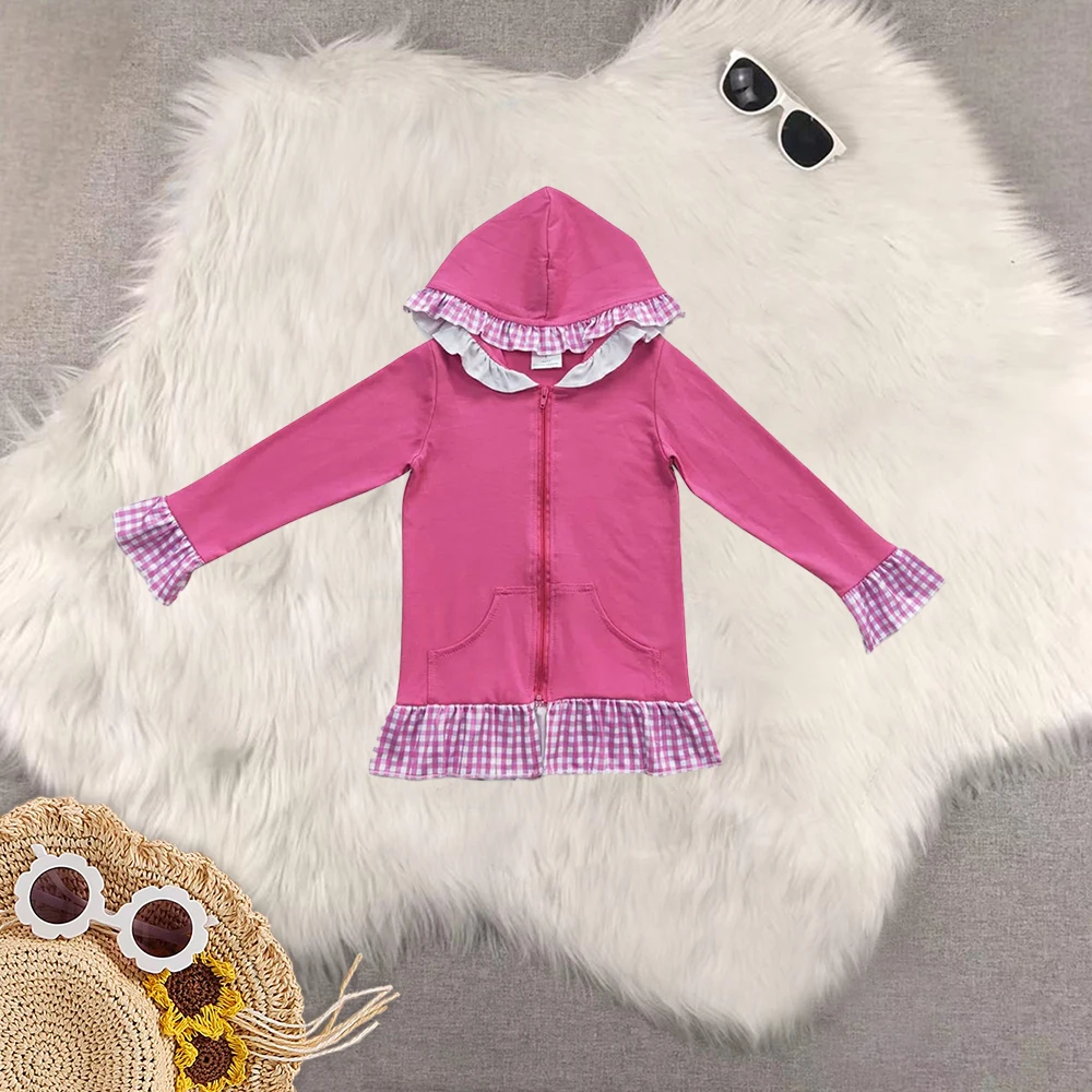 

8,19 топы с длинными рукавами для маленьких девочек, розовая клетчатая ярко-розовая толстовка с капюшоном на молнии для маленьких девочек, куртки, топы