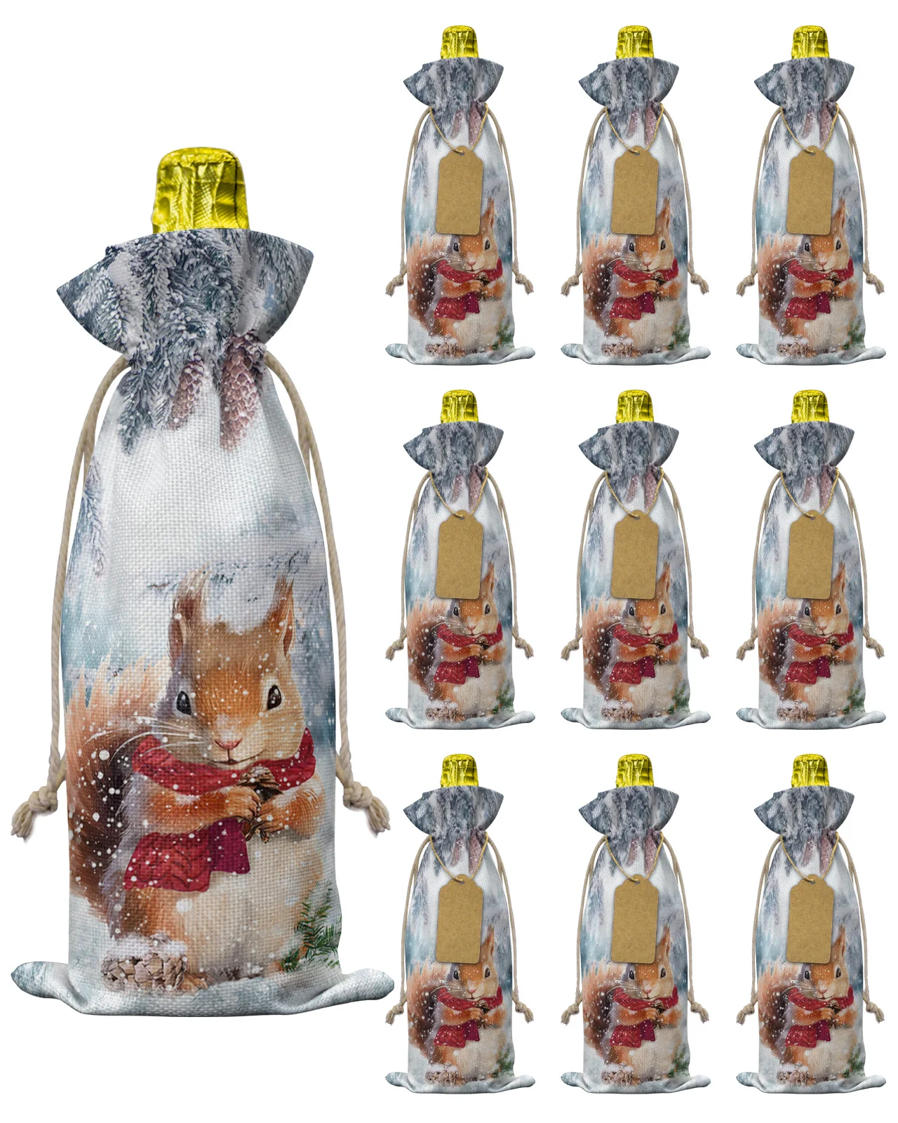 10pcs Winter Snow Pine Cone Squirrel Wine Bottle Bag with Drawstring Festive Party Decor Wine Bottle Covers Xmas Gift