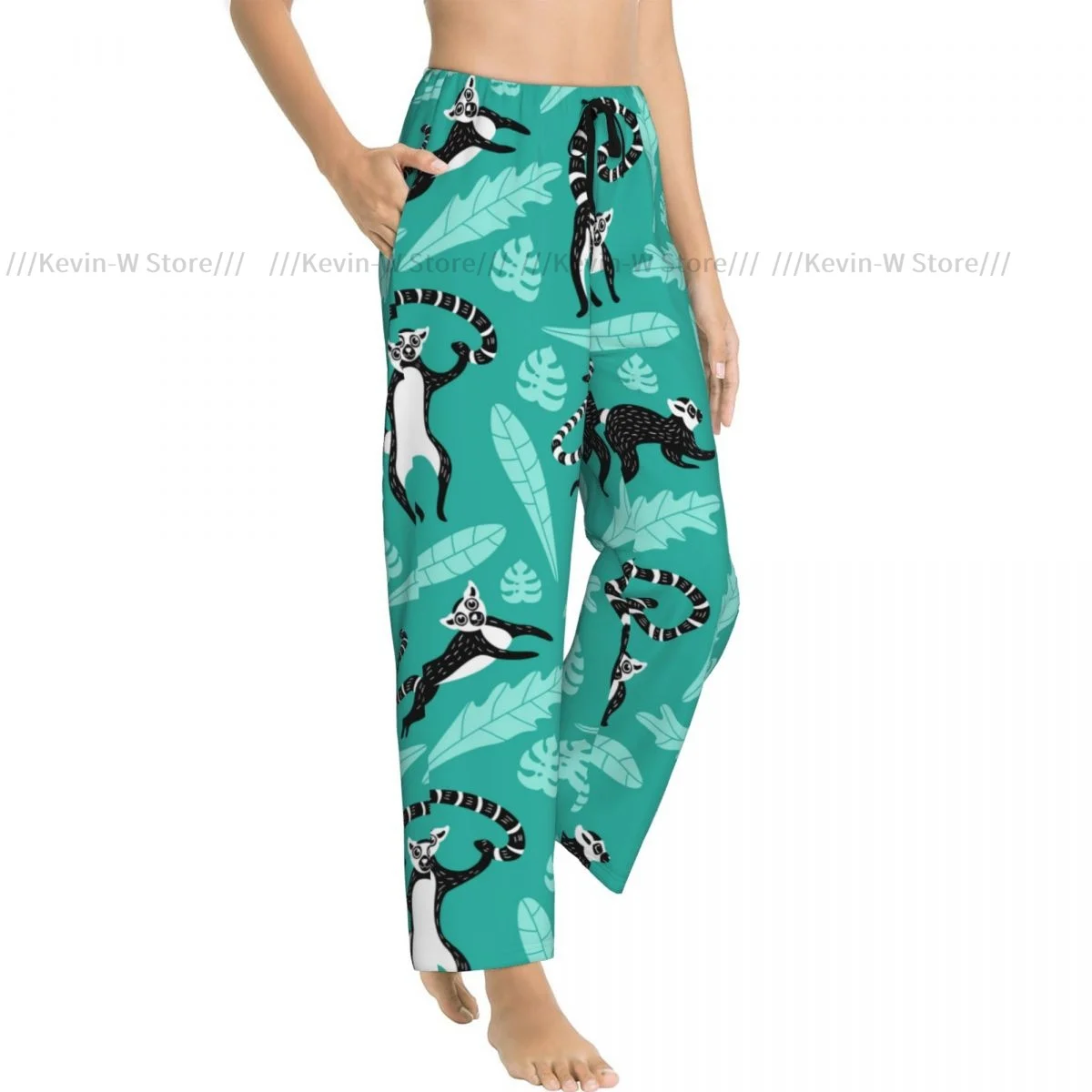 Women Cute Lemurs And Leaves Flannel Pajama Pants Soft Warm Sleep Pants Cozy Winter Loungewear
