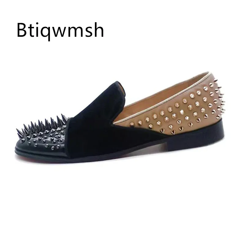 Mixed Color Rivet Loafer Shoes Man Pointed Toe Suede Leather Flats Male Fashion Party Shoes