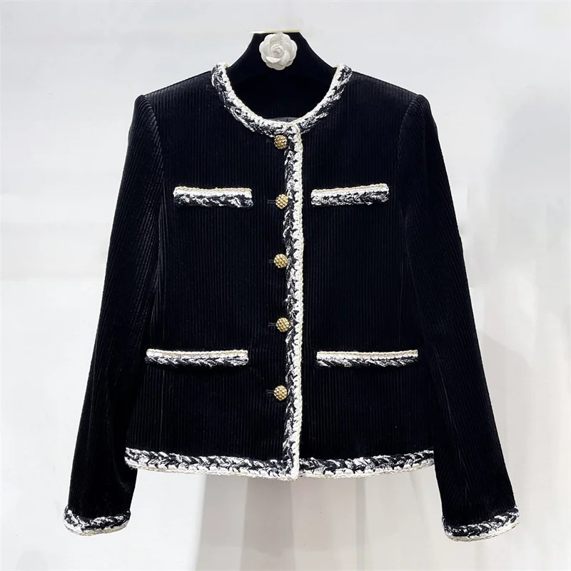 

Women's jacket New winter 2025 single breasted slim round neck long sleeved top Multi pocket decorative corduroy women's coat