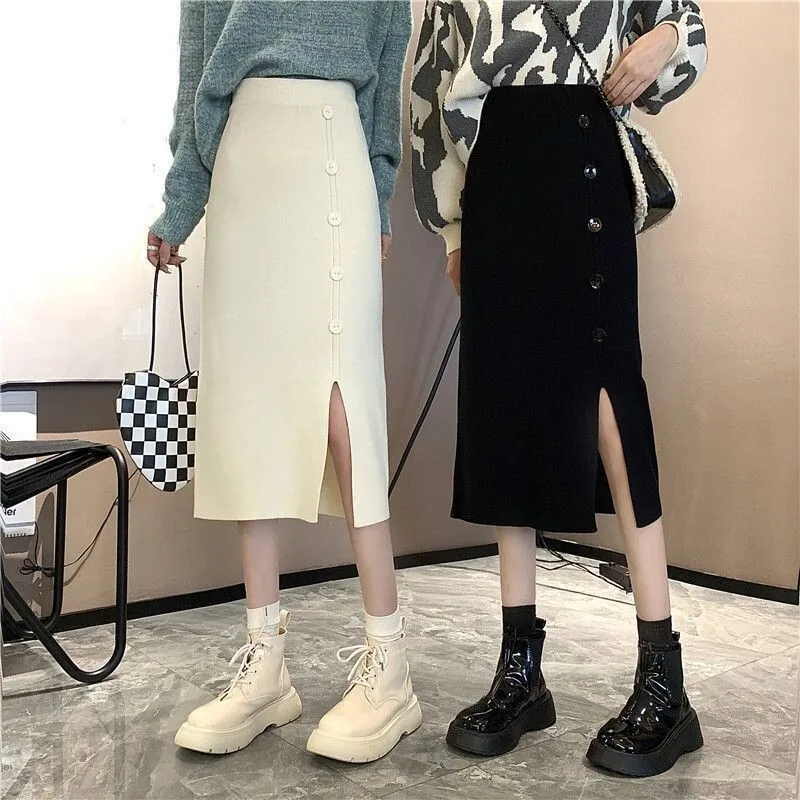 Jupe mi-longue en tricot fendu pour femmes, demi-corps, automne et hiver, jupe trapèze taille haute