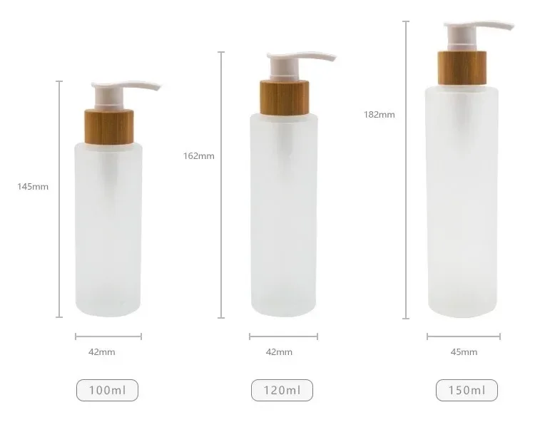 

whosesale fashion cosmetic packaging frosted glass bottle with bamboo lid shampoo soap bottle，home travel bottle necessary