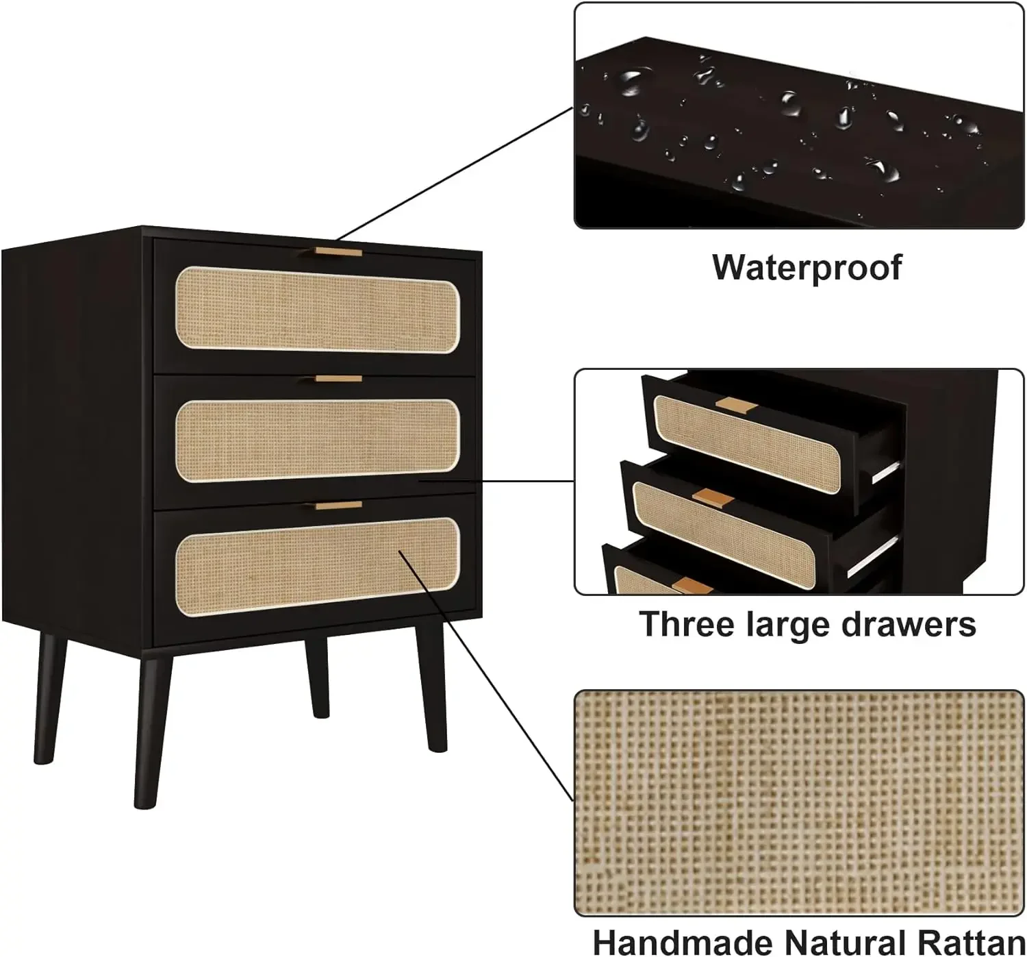 Komoda z szufladami, rattanowe komoda z szufladami z 3 szufladami komoda, akcent szafka do przechowywania nowoczesne przy łóżku stół do salonu