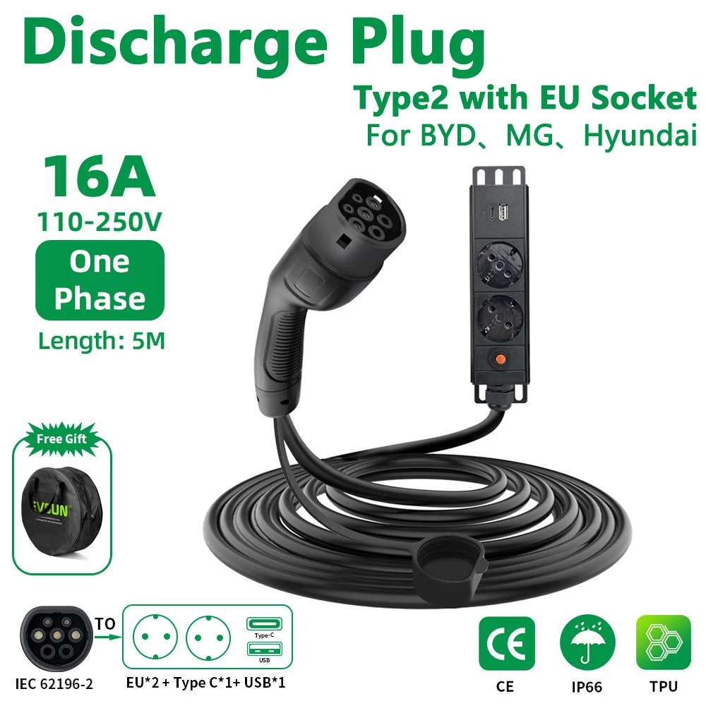 

Electric Car Side Discharge Plug EV Type2 16A Charger Cable with EU Socket Outdoor Power Station (need car supports V2L)