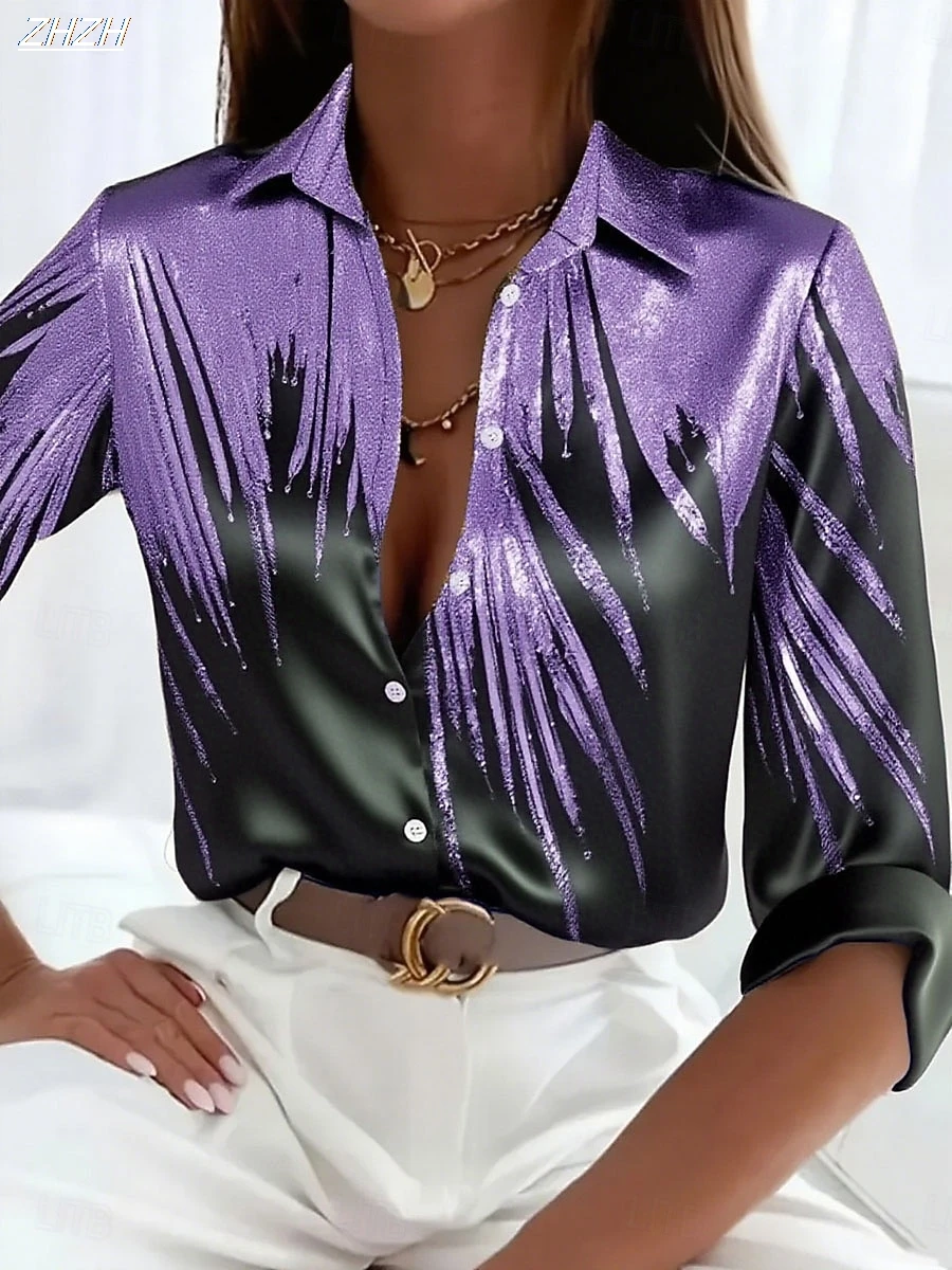 Damen-Langarmshirt 2025, Slim-Fit aus Polyester-Mischung, Ombre-Grafik, elegant, lässig, Alltagskleidung, Frühlings-Herbst-Blusenoberteile