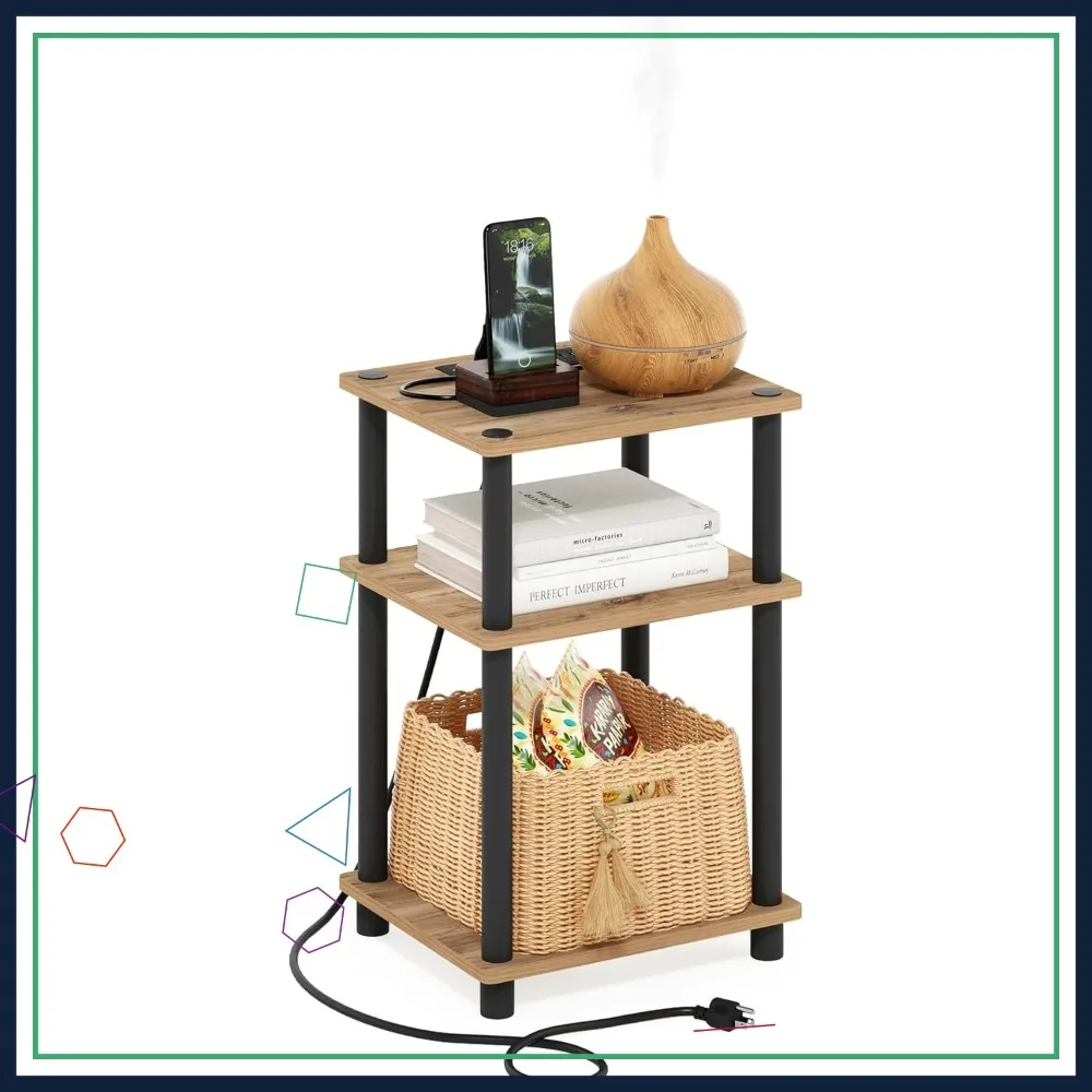 

3-Tier Charging End Table with USB & Type-C Ports, Compact Open Shelf Design for Living Room & Bedroom