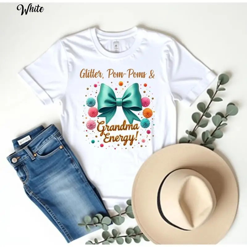 

Glitter Pom Poms Grandma Energy T Shirt Cheer Fun Cheerleader Supportive Sports Squad