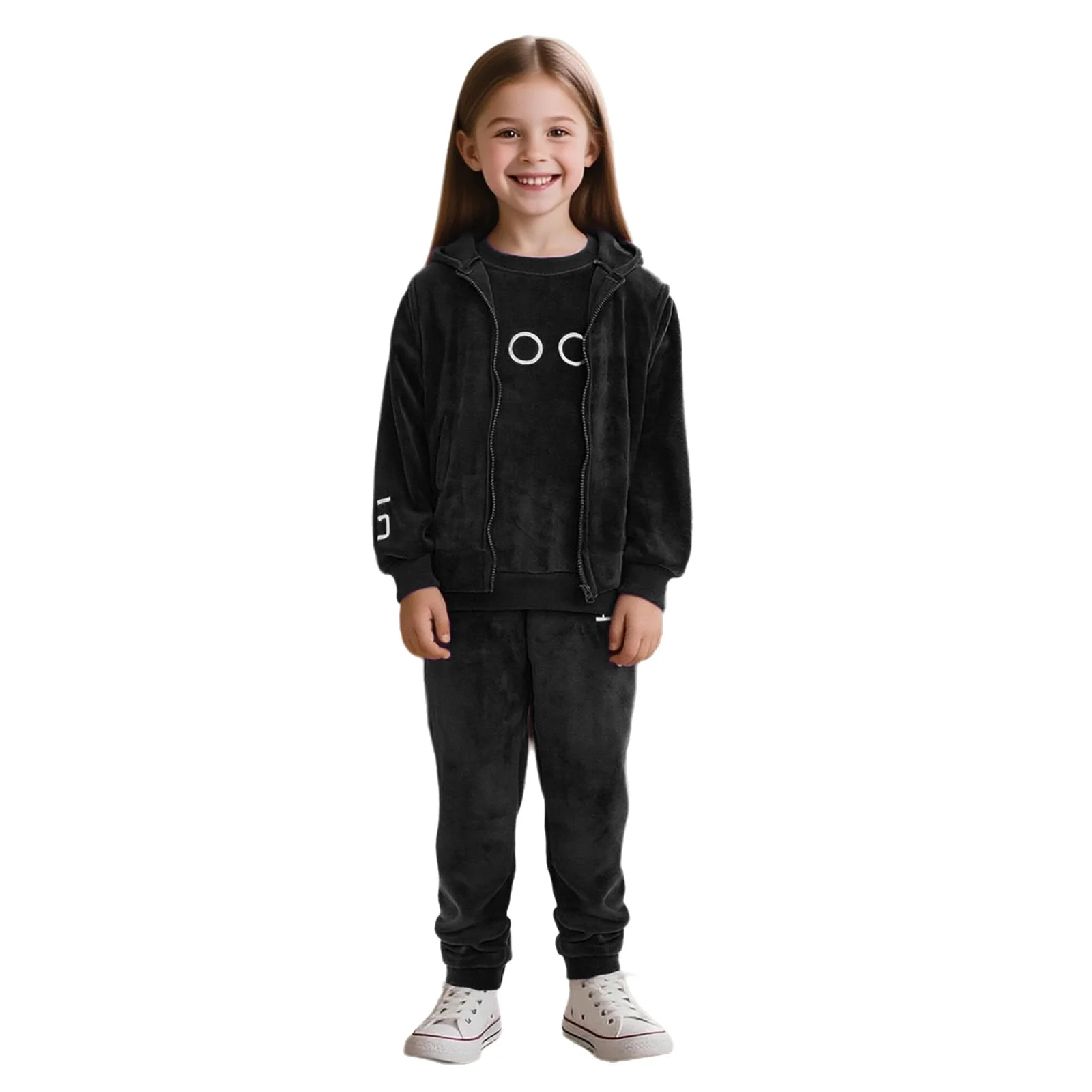 

Kids Girls 3-Piece Casual Clothes Outfit Embroidery Velvet Long Sleeve Sweatshirt+Sleeveless Zipper Hooded Vest+Sweatpants Set