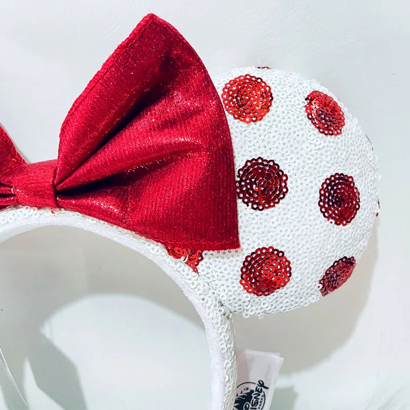 Disney Red And White Headband Mickey Ear For Adults Sequins Bow Headband Minnie Park Accessories Headwear